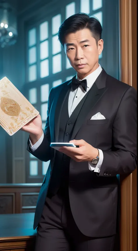 Detailed paintings depicting handsomeness, Mature Asian man in suit is assembled by a series of glowing magic cards and in the middle《dungeons and dragons》A book surrounded.