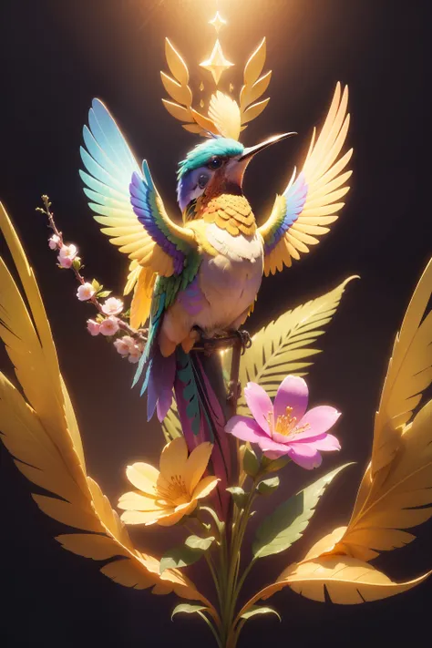 golden hummingbird, magic florest, golden feathers, flowers