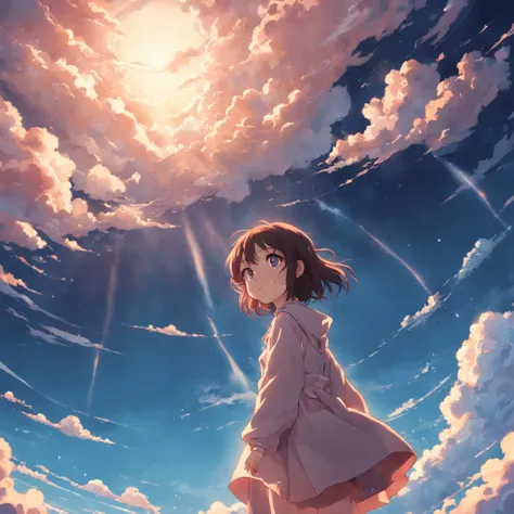 bojji, obra maestra, mejor calidad, Still film, 1人の女の子, Cloud Girl, flotando en el cielo, primer plano, brillante, feliz, soft warm lighting, puesta de sol (chispas: 0,7)