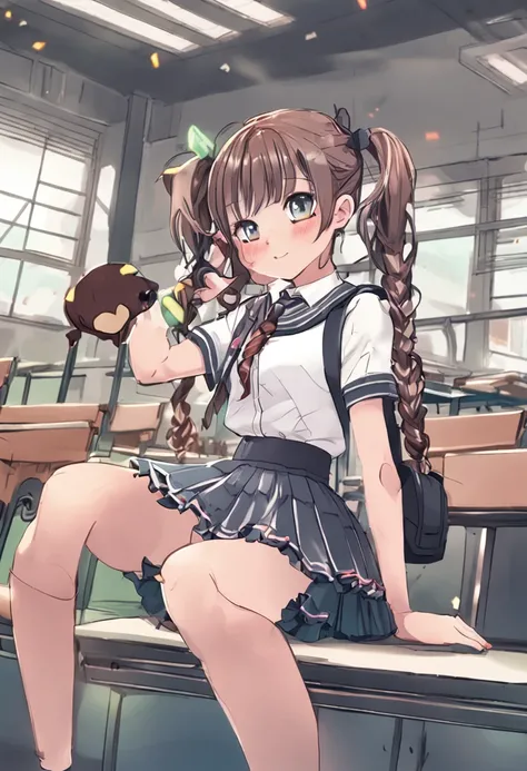 "1 girl with long pigtails, wearing a frilly skirt and crop top, in a short school uniform, set in a vibrant school environment."