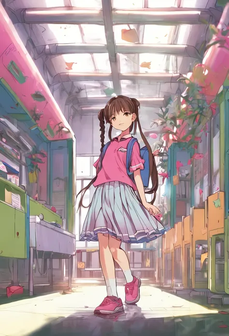 "1 girl with long pigtails, wearing a frilly skirt and crop top, in a short school uniform, set in a vibrant school environment."