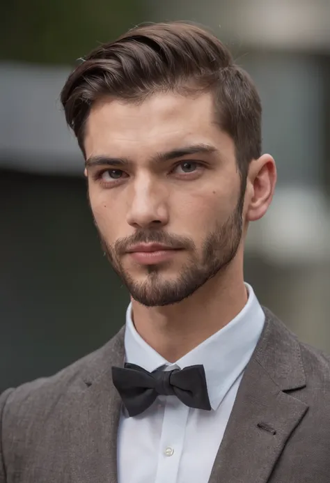 Homem de terno, Macho bonito, barba, elegante, bonito e atraente, pele escura, strain of hair covering forehead, cabelo de corte curto, cabelo arrumado, alto, viril, corpo hunk, musculoso, ombro largo, rosto reto, cabelo preto, melhor qualidade, alta resol...