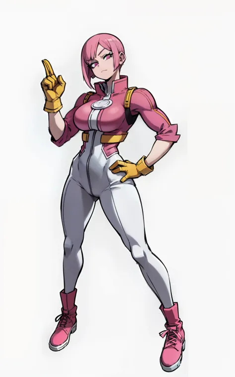 My Hero Academia style, anime Girl, female, trending on artstation pixiv, (full body shot:0.5), wide hips, wide thighs, large breast, short hair, pink hair, violet eyes, hero costume, full body suit, white suit with cyan blue details, pink jacket, yellow f...