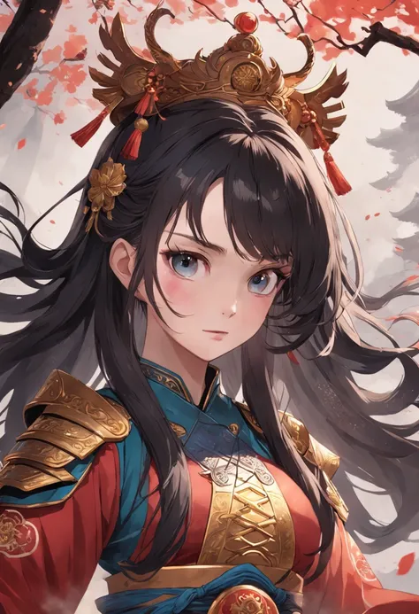 ancientry，Tang Feng，Female general，Goddess of War，Whole body diagram，Bunched hair，crown of head，Hanfu，heroic look，Cold and glamorous，The eyes are indifferent，extremely beautiful，commando，temperament，beautiful and seductive，knight-errant，High ponytail，Peerl...