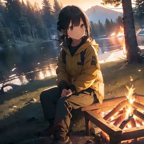 ​masterpiece, Hi-Res, girl with, the woods, There is a lying bonfire、portlate、portlate(((in woods、Next to the lake、Camping alone)))、(((Relax watching the bonfire)))、((Yellow outerwear、Black pants))、facial close-up、portlate((camp fire、bonfire))、ssmile、bonfi...