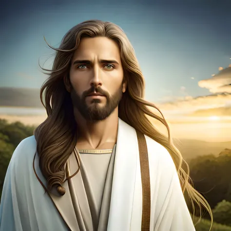 Jesus com cabelos longos e barba em um manto branco, Retrato de Jesus Cristo, Jesus Cristo, Vestido como Jesus Cristo, Jesus, jesus of nazareth, rosto de Jesus, beautiful man, bonito impressionante realista, Greg Olsen, homem bonito, O Senhor e Salvador, J...