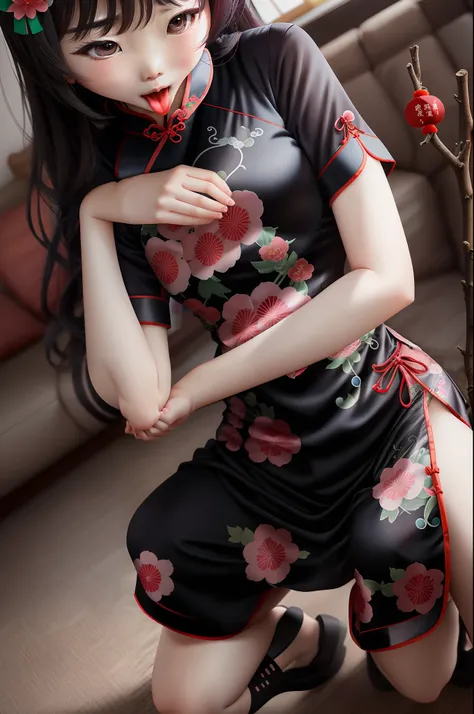 Loli cheongsam holds her head in her hands and opens her arms，Squat with your legs open，Stick out your tongue