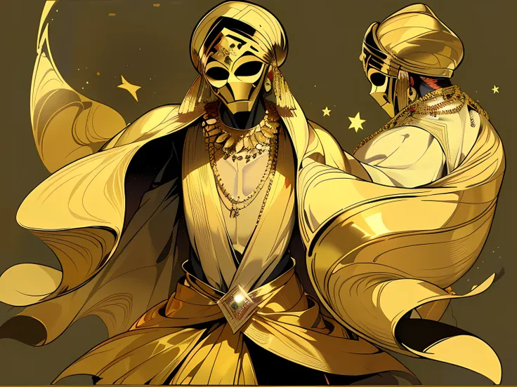 ((masterpiece)), (((best quality))), (character design sheet, same character full body, front, side, back), Illustration, 1 man with arabic Arab clothes, turbans, golden necklaces, golden accessories, and a golden volto simple mask , environment change, po...