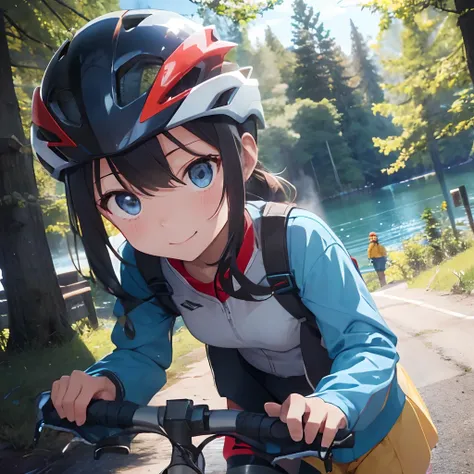 masutepiece, Best Quality, 8K_Wallpaper, (Beautiful eyes), (lake in the middle of a forest), Cute, (Yellow Wear、Outerwear is blue、Red pants),1girl in,small tits,1 schoolgirl、Smile,(Road bike ride through the woods)Wearing a black-white-red bicycle helmet)、...