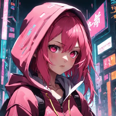 a close up of a person with pink hair and a red jacket, cyberpunk anime girl in hoodie, cyberpunk anime girl, digital cyberpunk anime art, cyberpunk anime art, female cyberpunk anime girl, anime cyberpunk art, digital cyberpunk - anime art, modern cyberpun...