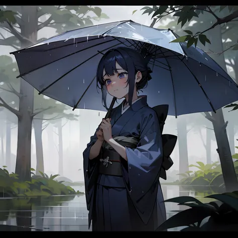 In the deep forest、At the base of the old tree、A woman in a kimono stood。The purple navy blue kimono gets wet and heavy in the rain、Thin arms support its weight。From the sky、The cold rain continues to fall unstoppably、Her cheeks were mixed with large tears...