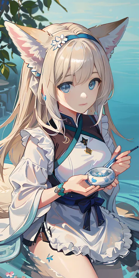 full bodyesbian，tmasterpiece，Best quality at best，offcial art，Very detailed CG 8k wallpaper，(flying petal)(detailed ice)，The crystal texture of the skin，Grim expression，(fox ear)，whaite hair，long whitr hair，messy  hair，eBlue eyes，Medium breasts，looking at ...