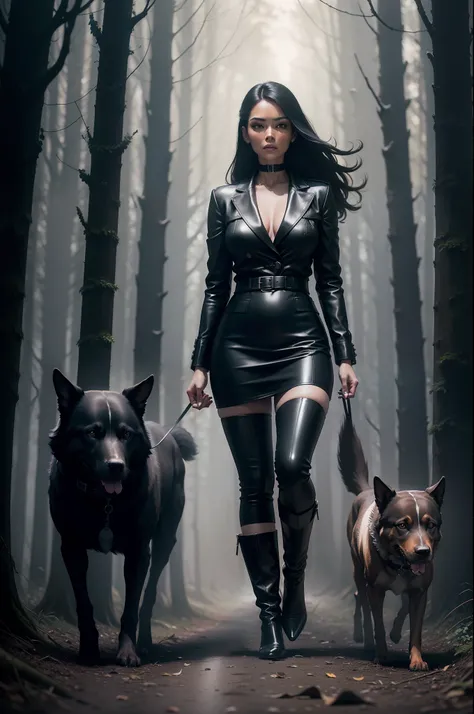 RAW masterpiece,  Ulra fine photo best quality,  Lynda Evangelista, wearing black leather, high heeled boots, high resolution. walking her dog in the woods, at night lit by car headlamps, cinematic lighting, moonlight, foggy,  photographed in color cold da...