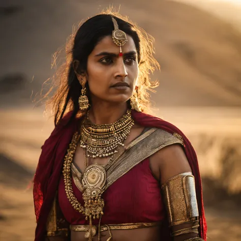 A photography shot with a 50mm lens, capturing the determined visage of The Warrior Queen Jansi Laxmibai. The image echoes Annie Leibovitzs style. She stands strong against a historic backdrop, her eyes reflecting her resolve. Soft golden hour light envelo...