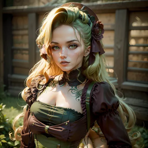 Mulher de corpo inteiro, mulher realizada de cabelo verde, olhos amarelo, mulher de corpo inteiro e realizada, cabelo verde, steampunk, realistas, mulher adulta