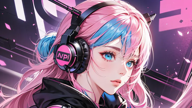 "Create a gamer girl, Her blue and pink hair with headphones over pink ears, Her eyes match the same pink color, The background is predominantly pink, Quality is 4K or higher. " cyberpunked