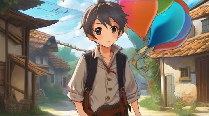 (peasant boy, adventurous:1.3, cheerful, wearing shoes, looking at colorful gas balloon in the sky:1.3, in a peasant village, roadside house, dreamy, anime style:1.2, book cover style:1.2)