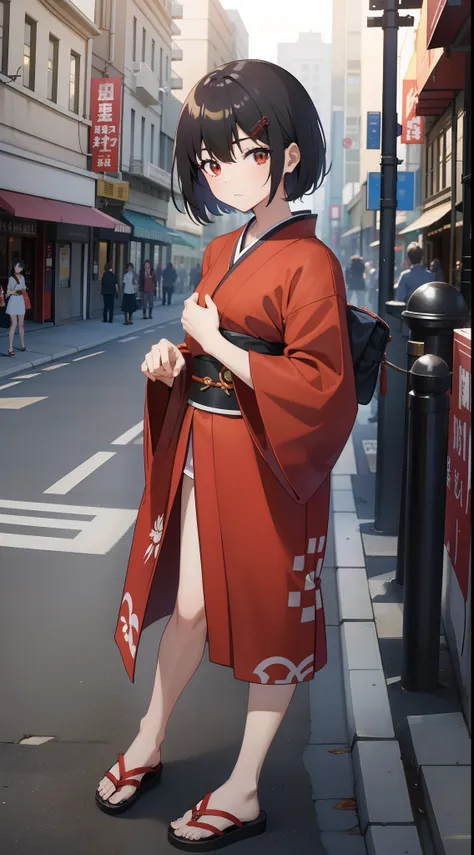 hiquality, tmasterpiece (one samurai girl) dark colored hair. bob haircut. red eyes - kimono clothing with armor. sandals. again...