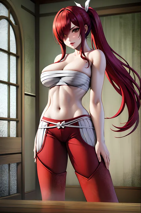 Masterpiece, Best Quality, hight resolution, fairytale, 1girl, hairlong, red hair, pony tail, white ribbon, hair above one eye, Brown eyes, large breasts, 鎖骨, Sarashis chest, bandage, teats, bare arms, midriff, Red Hakama, red pants, Cowboy shot, Indoors, ...