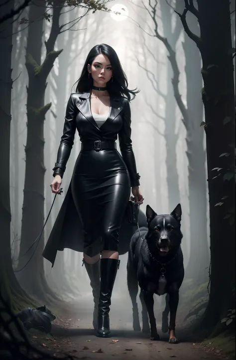 RAW masterpiece,  Ulra fine photo best quality,  Lynda Evangelista, BDSM, wearing black leather, high heeled boots, high resolution. walking her dog in the woods, at night lit by car headlamps, cinematic lighting, moonlight, foggy,  photographed in color c...