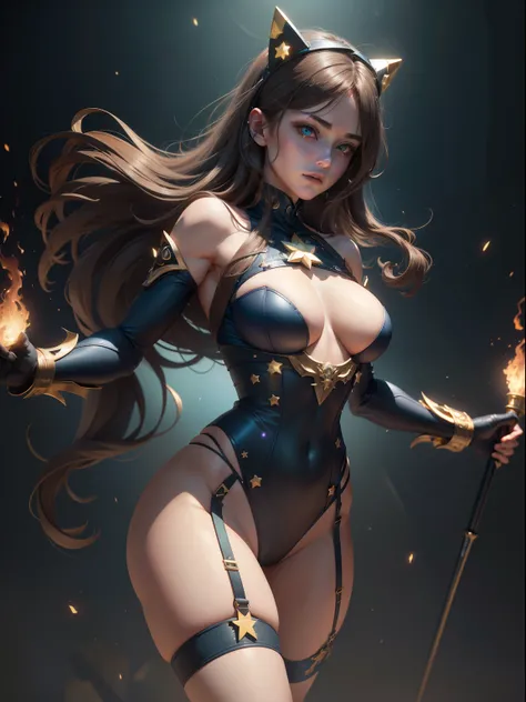 ((Best quality)), ((masterpiece)), (detailed: 1.4), (Absurd), Gynoid, (((action pose))), glowing skin, perfect body, defined muscles, half-thick bare thighs, closed mouth, only in panties, (((include stars all over the outfit))), muscular body covered by v...