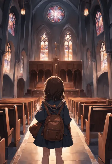 Ambiente realista de uma menina, cabelos pretos e curtos, com uma capa cinza e mochila marron nas costas. The girl praying with eyes turned to heaven. Shes inside a dark church, com luzes passando pelos vitrais.