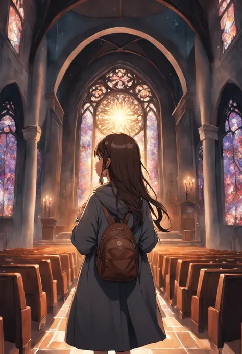 Ambiente realista de uma menina, cabelos pretos e curtos, com uma capa cinza e mochila marron nas costas. The girl praying with eyes turned to heaven. Shes inside a dark church, com luzes passando pelos vitrais.