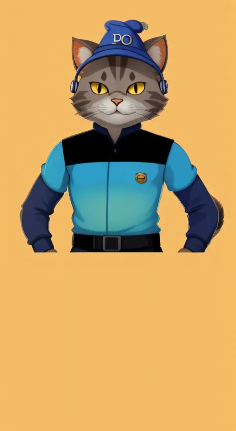 A closeup of a cat wearing a hat and a blue shirt, Comandante Riker, em uniforme completo da Frota Estelar, Retrato de personagem peludo, Como oficial da Frota Estelar, arte conceitual oficial, anthropomorphic furry otter, em uniforme da frota estelar, Uni...