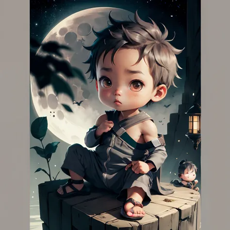 Cute chibi baby boy anime, dark brown skinned, grey ninja clothes, wear sandals, freckle face, moon