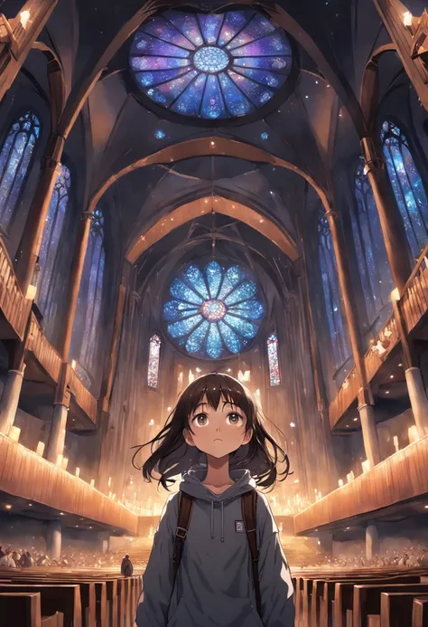 Ambiente realista de uma garota de cabelos pretos e curtos, com uma capa cinza e mochila marron nas costas. The girl is looking up, with eyes on the sky. Shes inside a dark church, com luzes passando pelos vitrais coloridos.