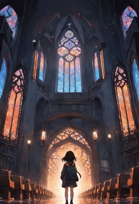 Ambiente realista de uma garota de cabelos pretos e curtos, com uma capa cinza e mochila marron nas costas. The girl is looking up, with eyes on the sky. Shes inside a dark church, com luzes passando pelos vitrais coloridos.