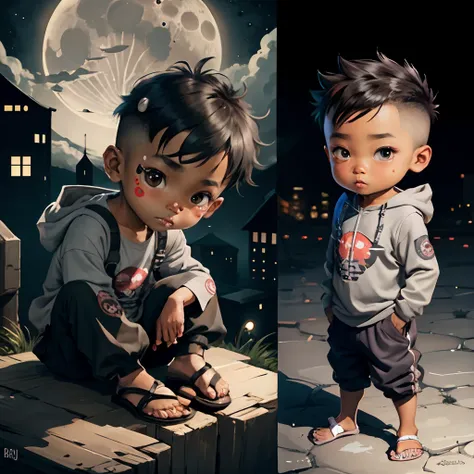 Cute chibi baby boy anime, dark brown skinned, grey ninja clothes, wear sandals, freckle face, moon