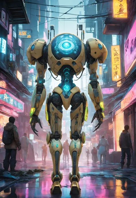 "Imagine a breathtaking digital artwork featuring Droid, an anthropomorphic turtle in a mesmerizing cyberpunk world. Droid stands as a symbol of futuristic harmony between nature and technology. Clothed in a pale yellow dress adorned with a captivating sta...