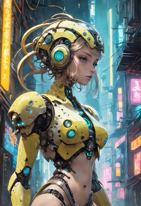 "Imagine a breathtaking digital artwork featuring Droid, an anthropomorphic turtle in a mesmerizing cyberpunk world. Droid stands as a symbol of futuristic harmony between nature and technology. Clothed in a pale yellow dress adorned with a captivating sta...