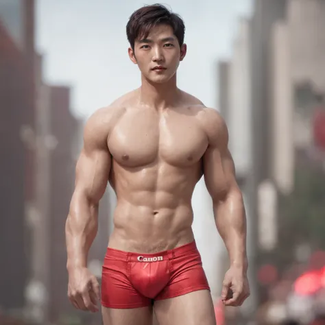 super muscular cute korean model men wearing red thong in midle party with many glitter balloons (professional 3d render:1.3) af (Realistic:1.3) most beautiful artwork photo in the world，Features soft and shiny male heroes, ((Fantastic location, Majestic c...