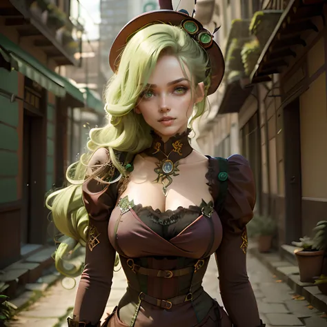 Mulher de corpo inteiro, mulher realizada de cabelo verde, olhos amarelo, mulher de corpo inteiro e realizada, cabelo verde, steampunk, realistas, mulher adulta