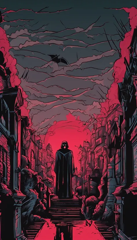 Vampiro em um casaco preto，olhos de cor vermelha，Bats fly around，red skies，Castelos