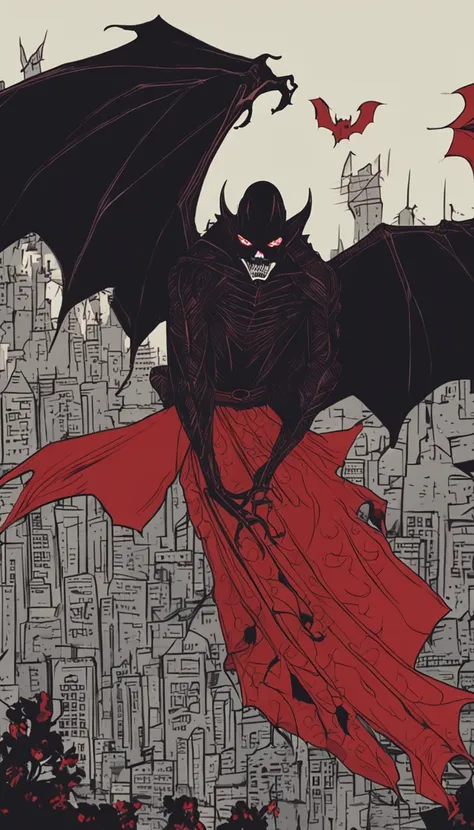 Vampiro em um casaco preto，olhos de cor vermelha，Bats fly around，red skies，Castelos