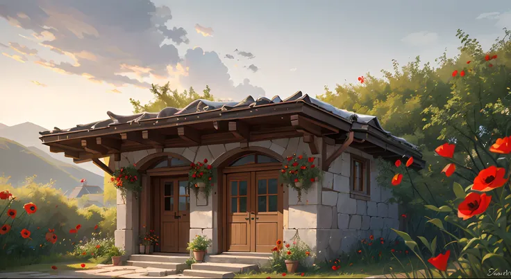 Chalet made with mud walls reminiscent of ancient Greek architecture and a wreath of red poppies hangs above the door. --auto --s2