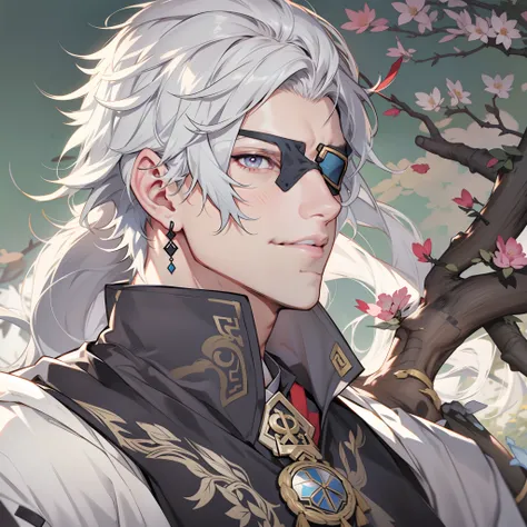 Handsome male. 6 ft 5 tall man. White hair. Short hair. Grey eyes. Eyepatch. Earrings. Toned body. Muscular male. Traditional chinese clothes. Genshin Impact. Wears eyepatch. Hydro vision. Eyepatch. Eye patch.