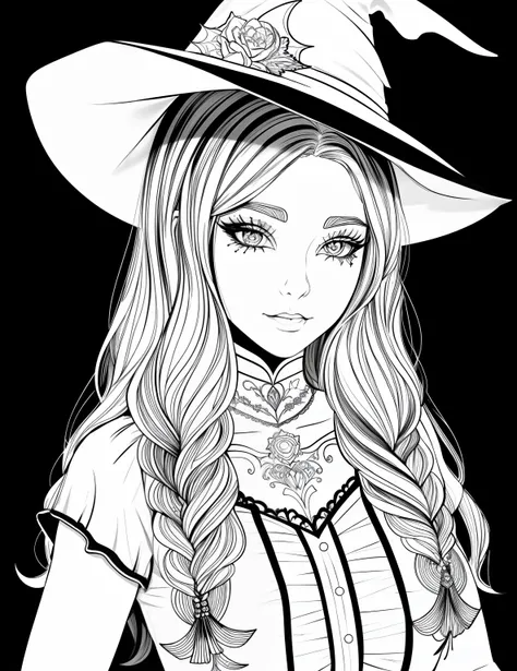 A coloring page with a girl and a cat in a Halloween scene, beautiful witch spooky female, line art colouring page, Retrato de uma jovem bruxa, Bruxa bonita com cabelo longo, black and white coloring, beautiful witch female, coloring book outline, Retrato ...