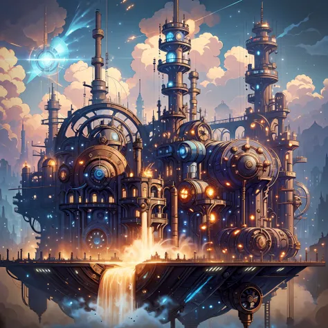 a floating industrial city, steam punk, dieselpunk, two large turbine thrusters, blue flame from thrusters, floating close to the ground, massive scrapping machinery integrated into the bottom front to destroy other small cities, cruel, terrifying, intrica...