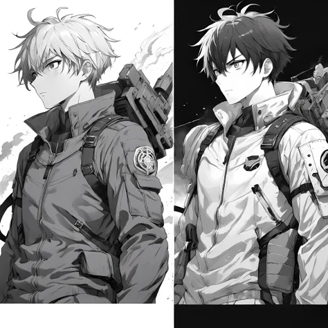 BREAK 2guys, BREAK a highly detailed gray-scale black and white manga drawing of anime guy one with short wavy white hair is A character and a highly detailed gray-scale black and white manga drawing anime guy two with short messy black hair is B character...