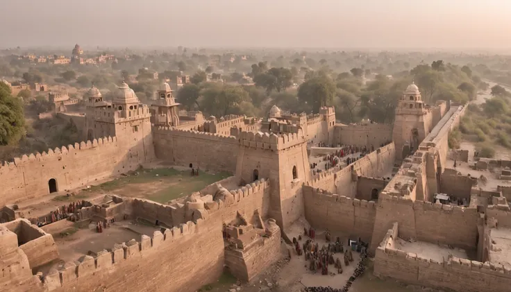 The year is 1858, and Jhansi is under attack by British forces. The citys defenders stand tall on the ramparts, fierce determination in their eyes as they launch arrows and stones at the invaders below. The scene is set at dusk, with the fading sunlight ca...