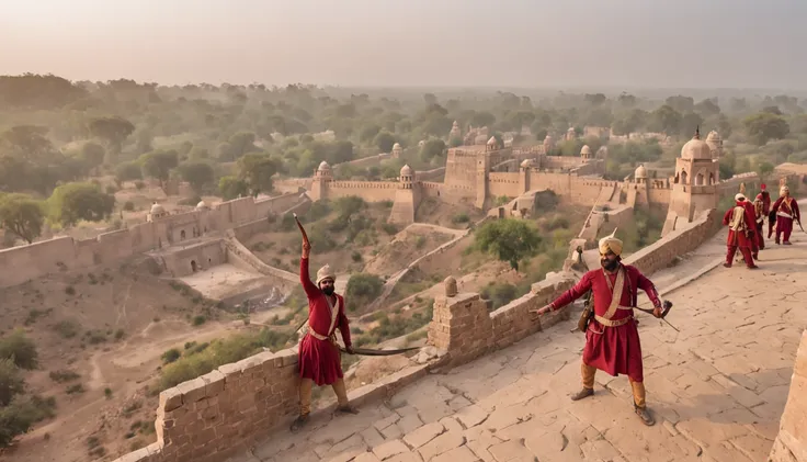 The year is 1858, and Jhansi is under attack by British forces. The citys defenders stand tall on the ramparts, fierce determination in their eyes as they launch arrows and stones at the invaders below. The scene is set at dusk, with the fading sunlight ca...