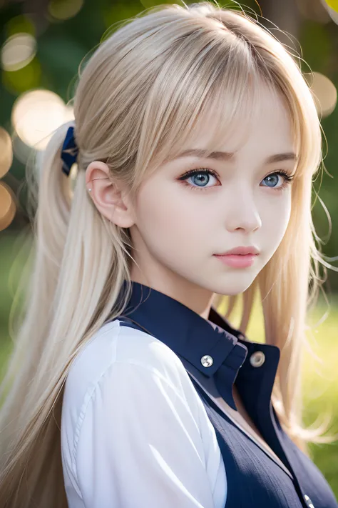 portlate、School Uniforms、bright expression、poneyTail、Young shiny shiny white shiny skin、Best Looks、Blonde reflected light、Platinum blonde hair with dazzling highlights、shiny light hair,、Super long silky straight hair、Beautiful bangs that shine、Glowing crys...