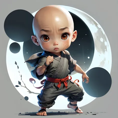 Cute chibi baby boy anime, dark brown skinned, grey ninja clothes, wear sandals, freckle face, moon, bald head