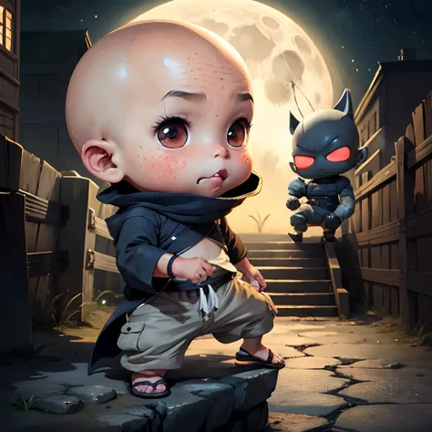 Cute chibi baby boy anime, dark brown skinned, grey ninja clothes, wear sandals, freckle face, moon, bald head