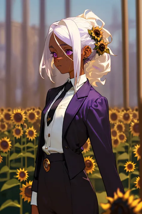 (masterpiece, best quality),1girl with tan skin, white hair with purple wicks, wearing a black suite with golden sunflower pin on the flap., with a white shirt and a black necktie; purple eyes, a lot of small freckles on the face, standingwhile sniffing a ...