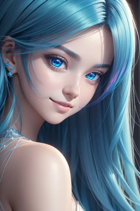 (masterpiece), best quality, portrait of iridescent selenite hair model, perfect face, cute model, cute smile, expressive bright blue eyes. soft glow effect. intricate, insanely detailed, photo realistic, in the style of houseki no kuni, pixar, niji, vray ...